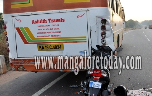 A scooterist lost his life while the pillion rider sustained critical injuries when the two-wheeler  rammed against a bus belonging to the Suzlon company from behind at Padebettu  near Padubidri on December 31, Thursday.